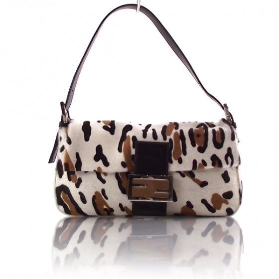Fendi Calf Hair Leopard Print Baguette White Brown 1 of 10