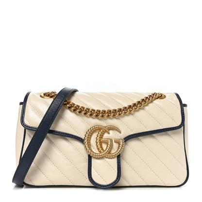 Gucci Vintage Effect Calfskin Matelasse Diagonal Small Torchon GG Marmont Shoulder Bag Mystic White Blue Agata 1 of 9