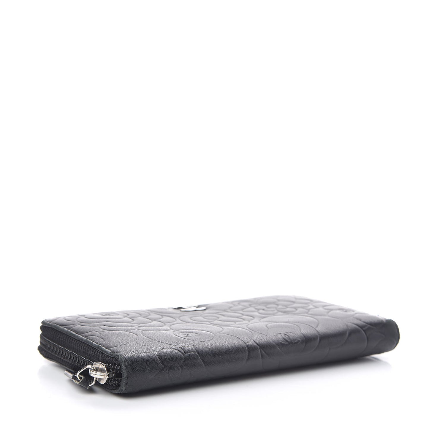 Lambskin Camellia Embossed Large Zip Around Gusset Wallet Black