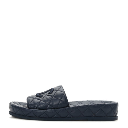 Chanel Lambskin Quilted CC Mules Sandals 37 Navy 1 of 8