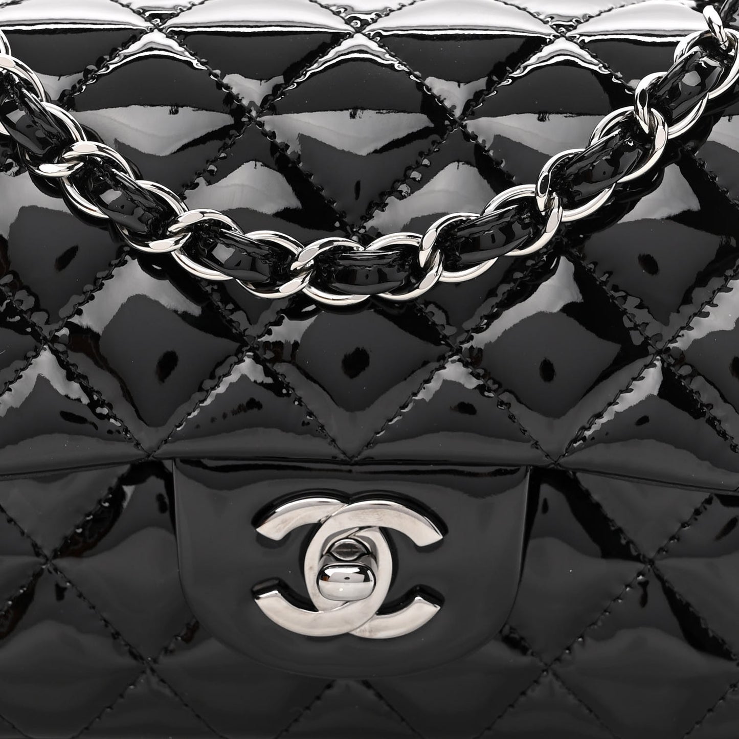 Patent Calfskin Quilted Mini Rectangular Flap Black