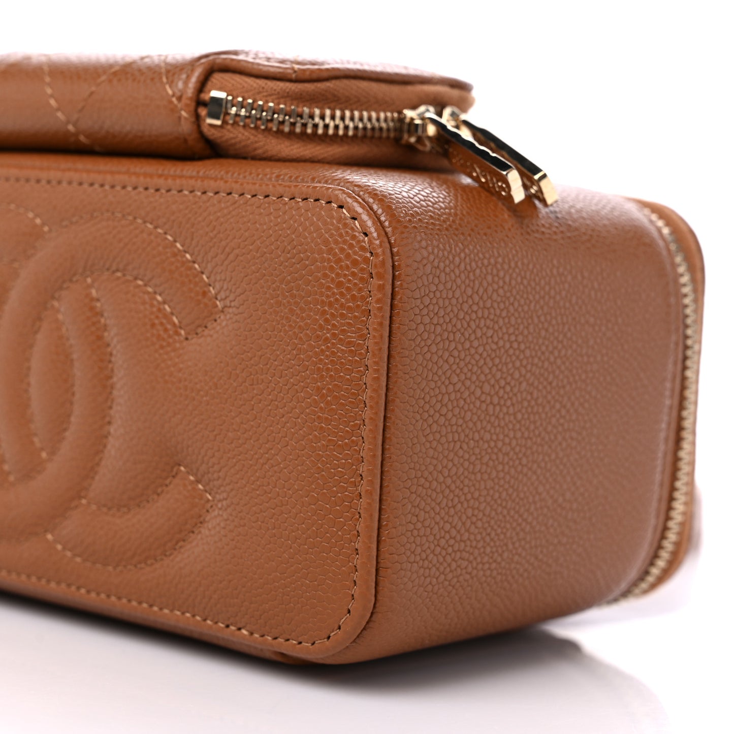 Caviar Quilted Top Handle Pocket Vanity Case Camel