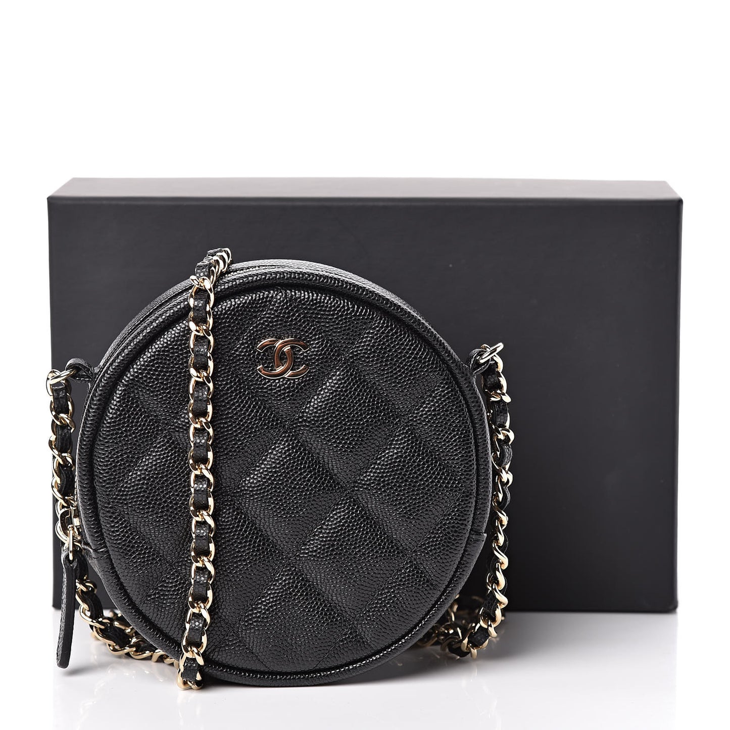 Caviar Quilted Round Clutch With Chain Black