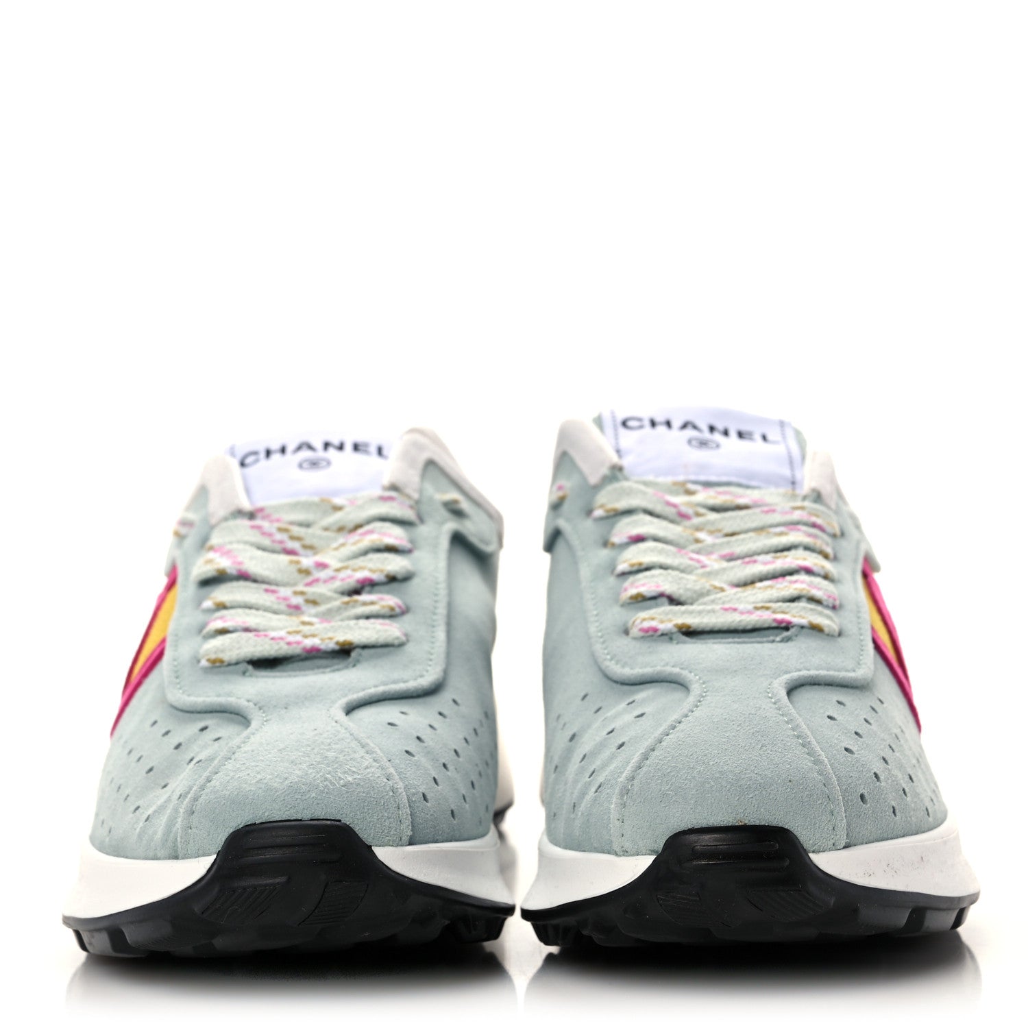 Chanel Fabric Suede Kidskin CC Sneakers 38.5 Light Turquoise Fuchsia Yellow 2 of 8