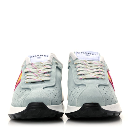 Chanel Fabric Suede Kidskin CC Sneakers 38.5 Light Turquoise Fuchsia Yellow 2 of 8