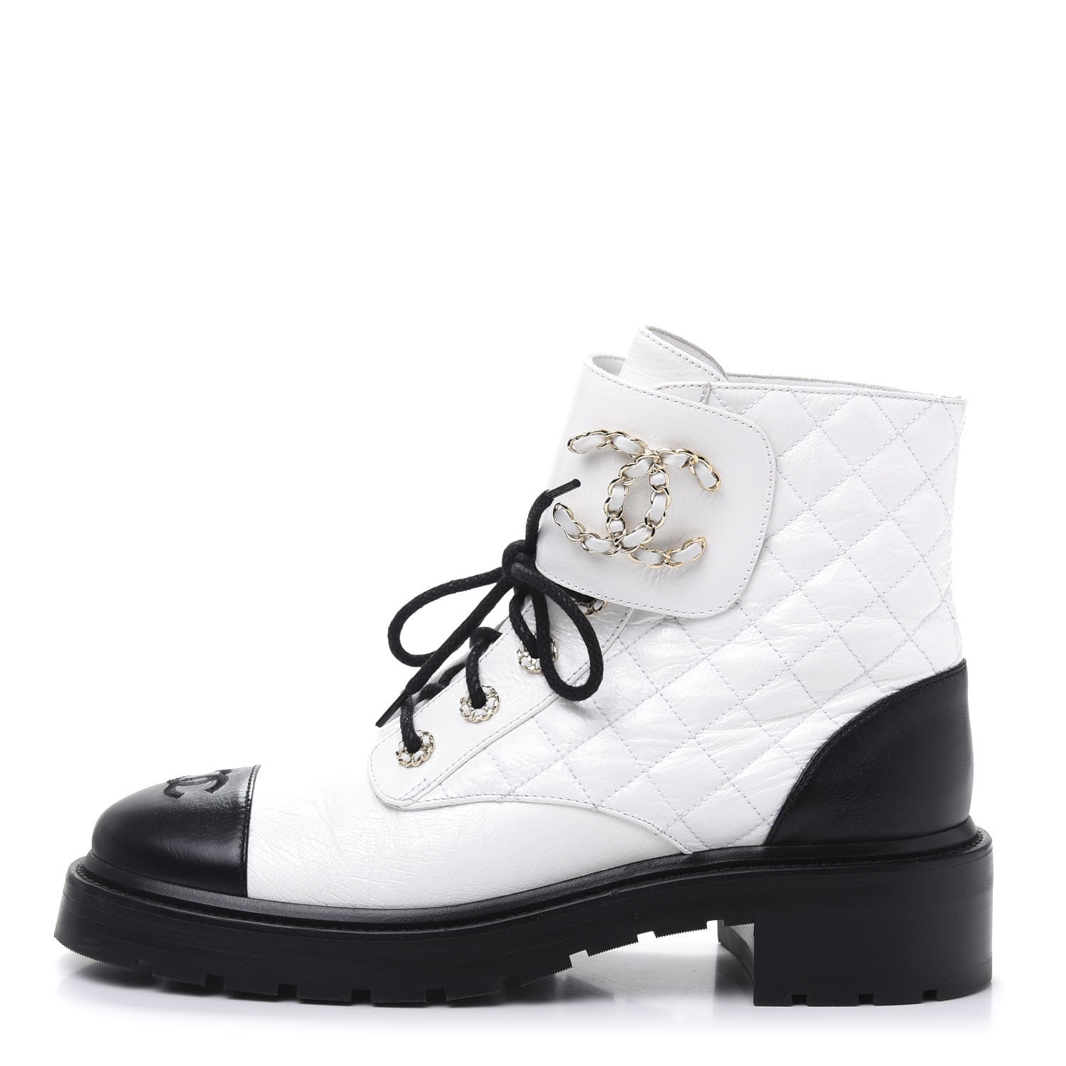 Chanel Shiny Goatskin Calfskin Quilted Lace Up Combat Boots 41 Black White 1 of 9