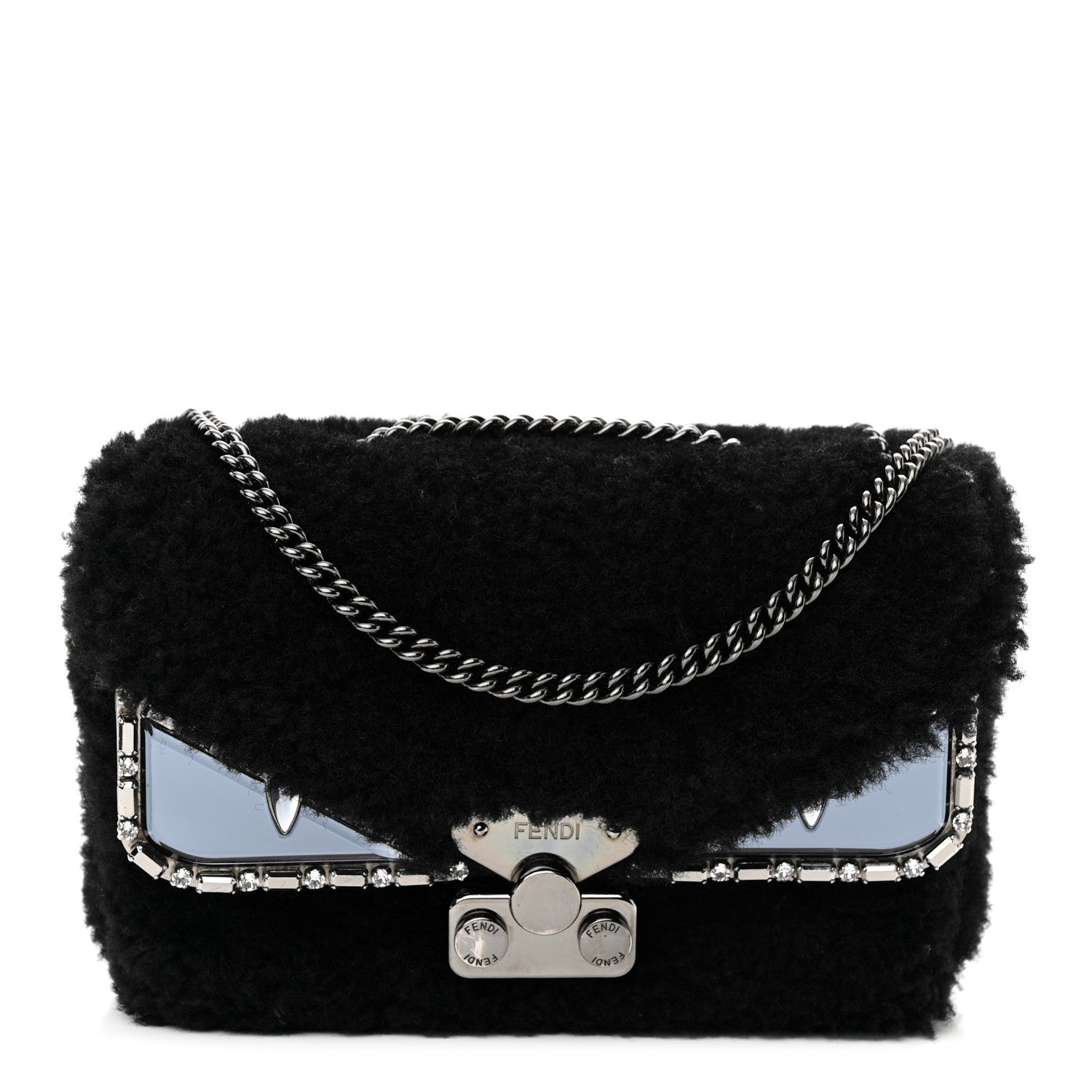 Fendi Shearling Crystal FF1974 Monster Eyes Small Bag Bug Chain Bag Narciso Tobacco Moro Black Tobacco Moro 1 of 10