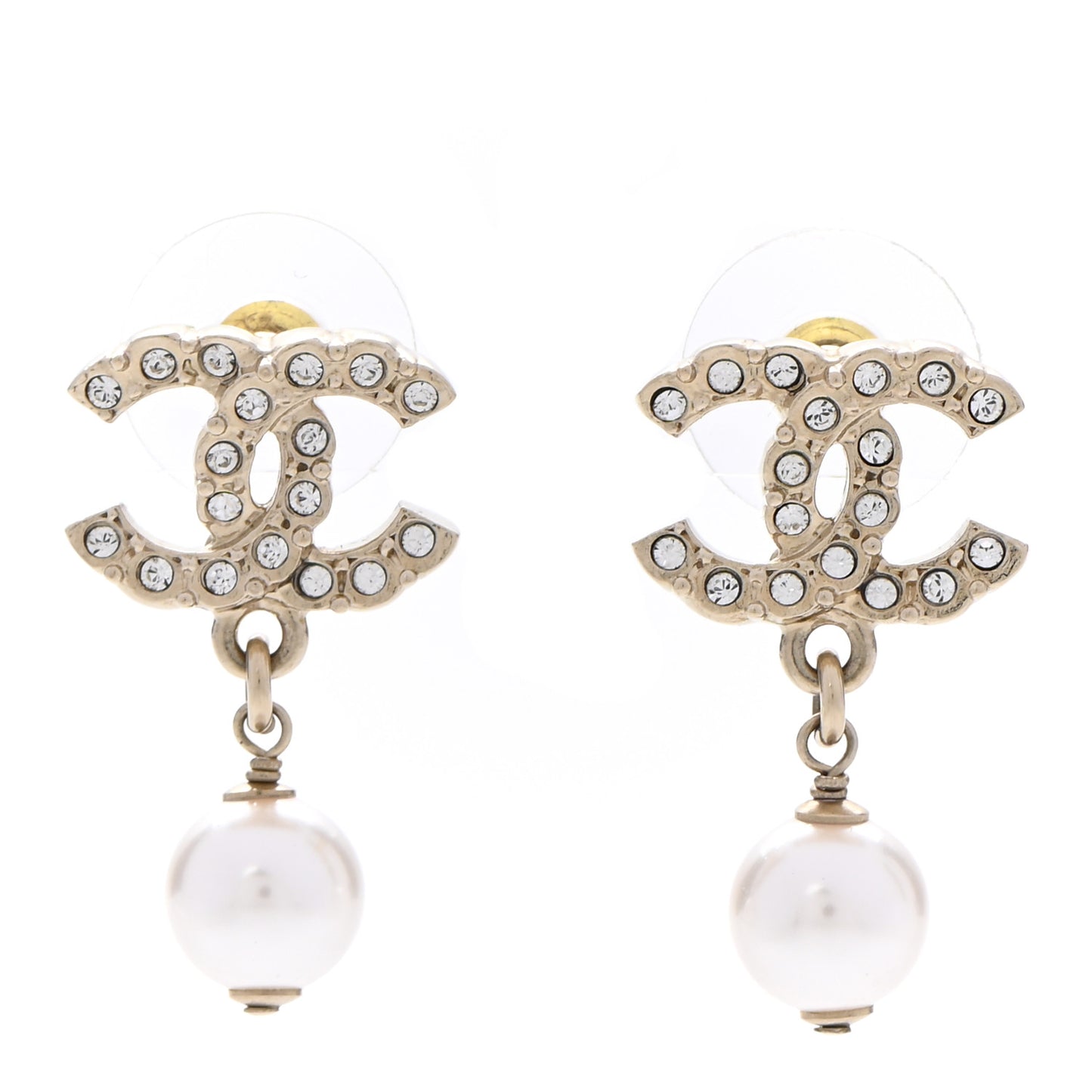 Crystal Pearl CC Drop Earrings Gold