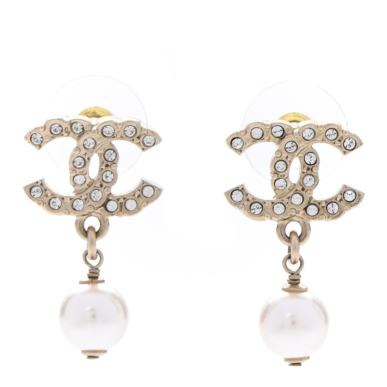 Chanel Crystal Pearl CC Drop Earrings Gold 1 of 5