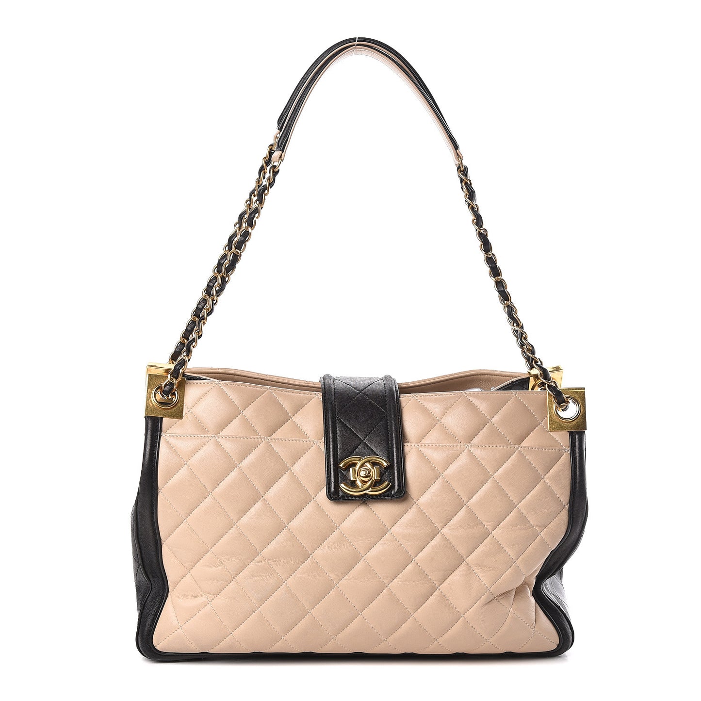 Lambskin Quilted Elegant CC Shopping Tote Beige Black