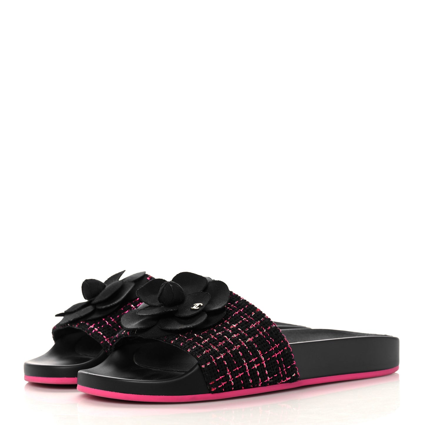 Tweed Grosgrain Camellia CC Flat Mules 36 Black Pink