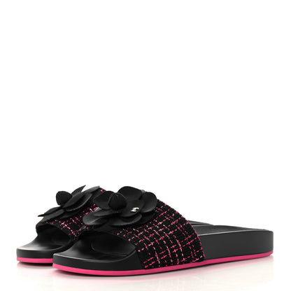 Chanel Tweed Grosgrain Camellia CC Flat Mules 36 Black Pink 3 of 8