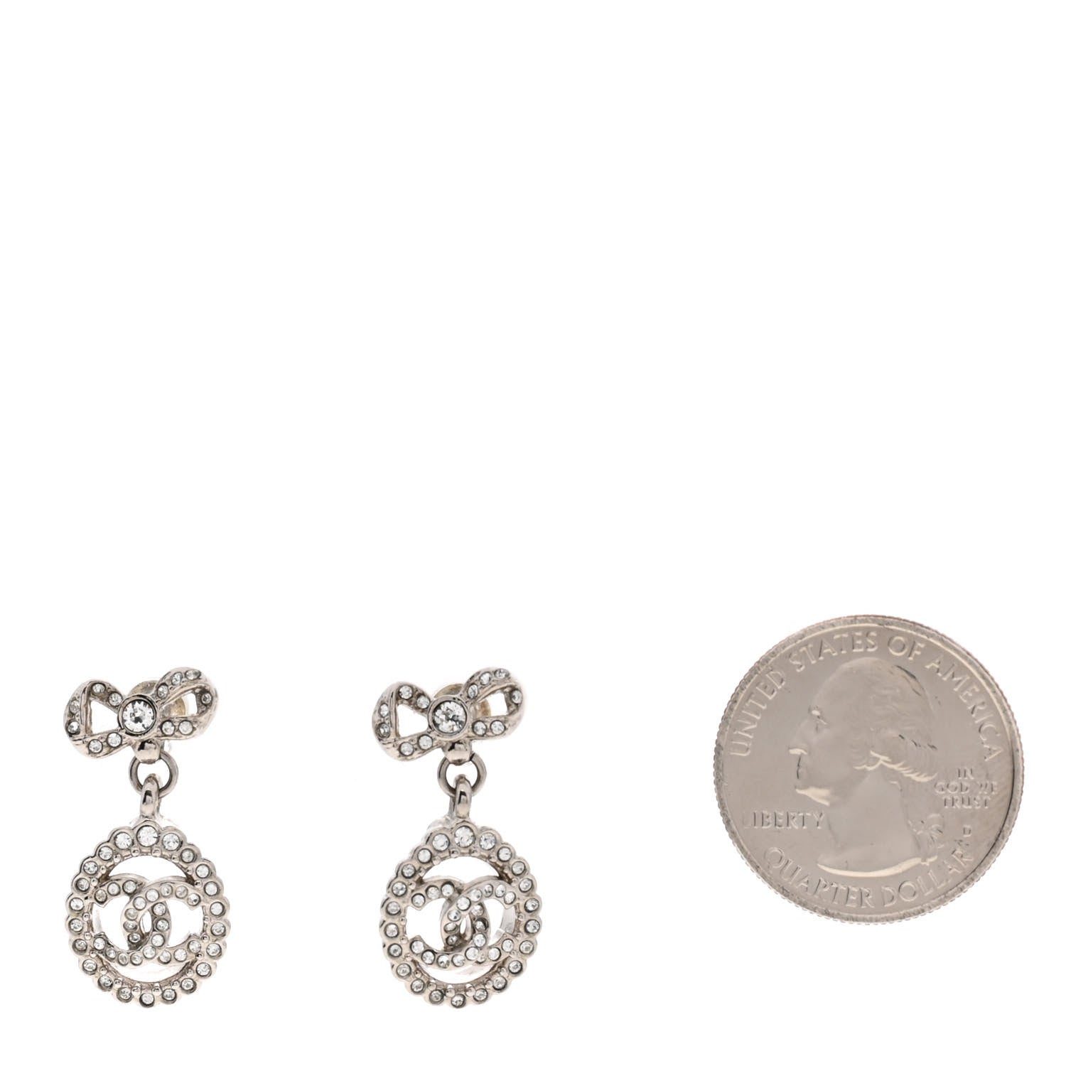 Chanel Crystal CC Bow Round Drop Earrings Silver 2 of 4