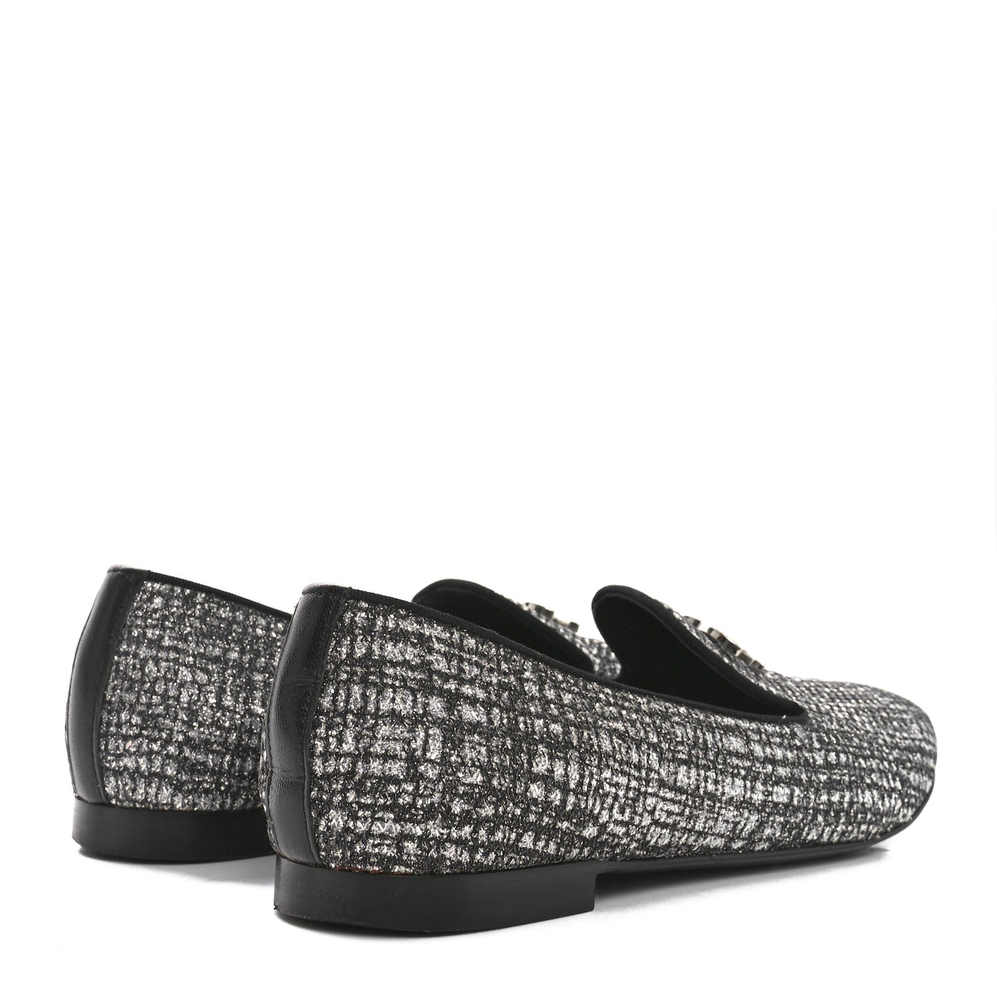 Fantasy Fabric Grosgrain CC Mocassin Loafers 37.5 Silver Black