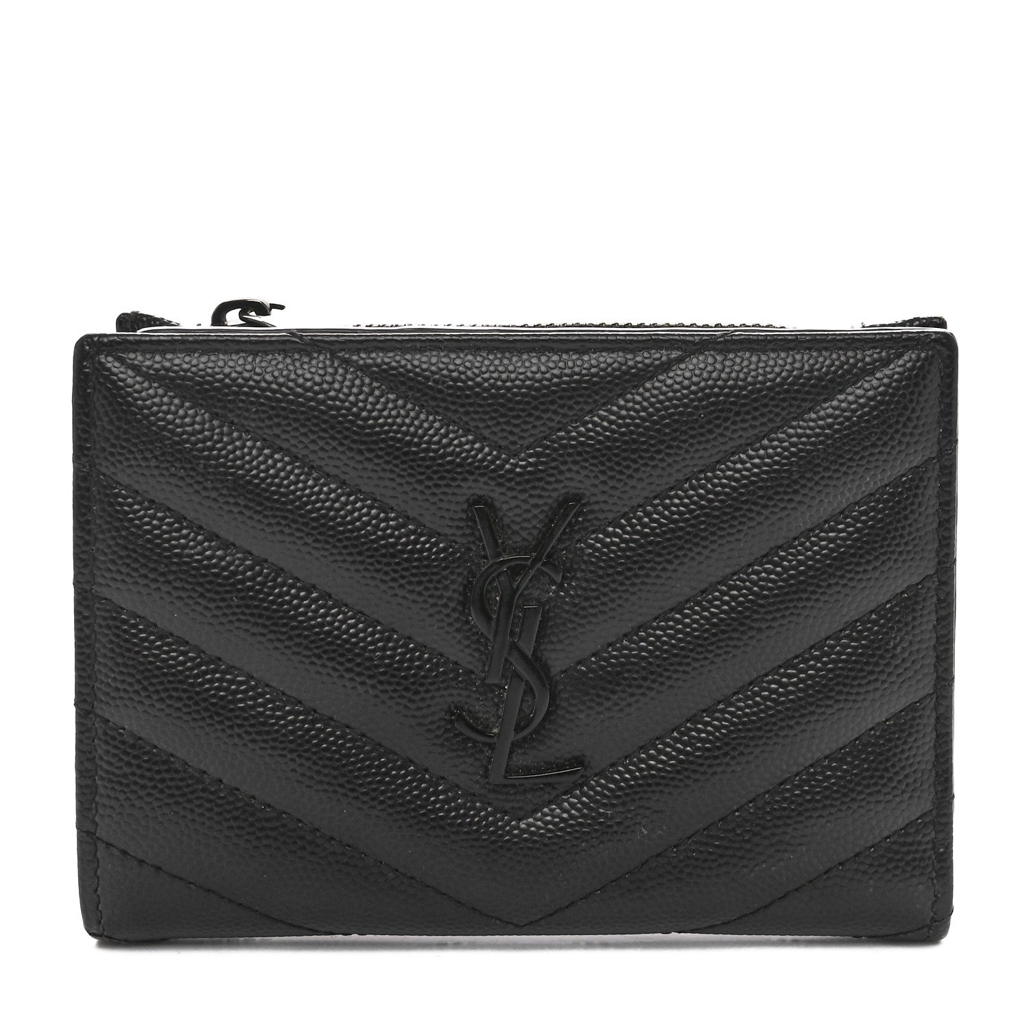 Saint Laurent Grain De Poudre Matelasse Chevron Monogram Monochrome Zipped Two-Part Wallet Black 1 of 9