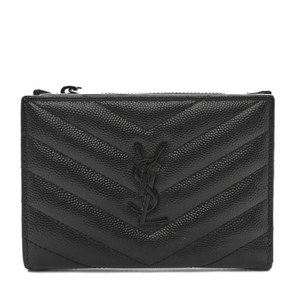 Saint Laurent Grain De Poudre Matelasse Chevron Monogram Monochrome Zipped Two-Part Wallet Black 1 of 9