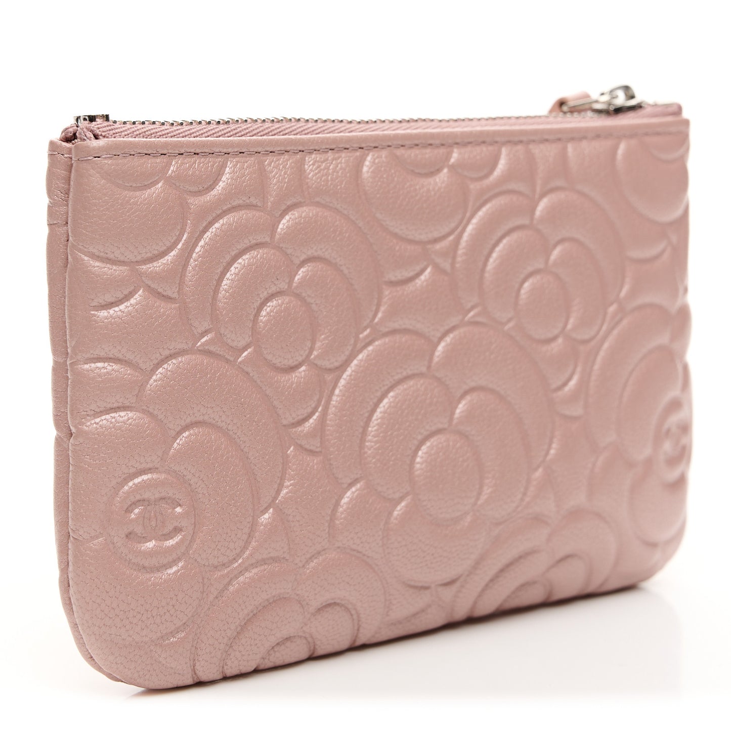 Goatskin Camellia Embossed Cosmetic Pouch Light Pink