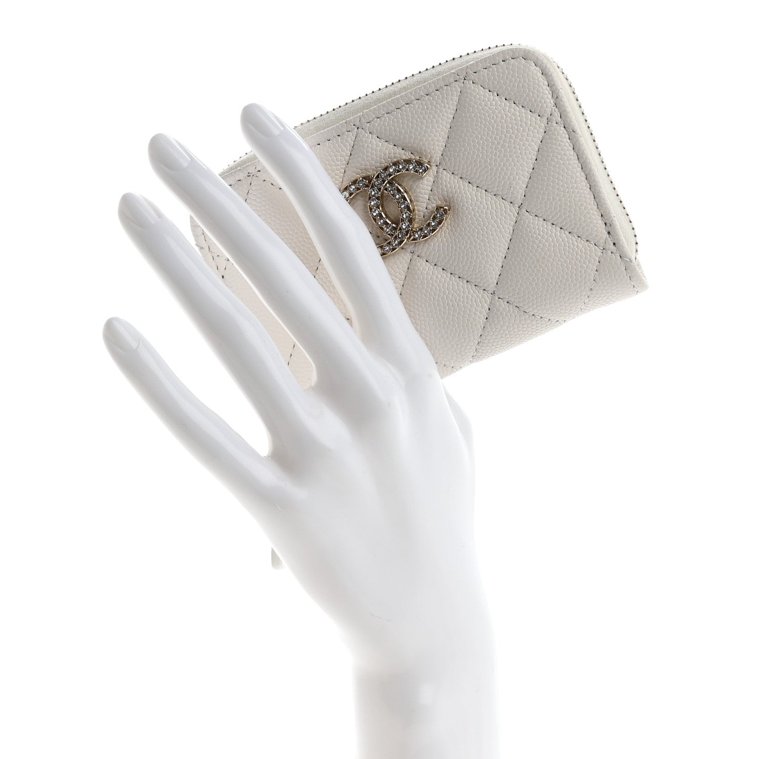 Chanel Caviar Quilted Crystal Zip Around Coin Purse Wallet White 2 of 7
