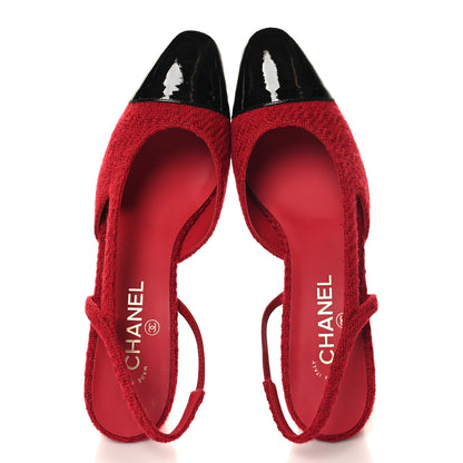 Chanel Tweed Patent Cap Toe CC Slingback Pumps 41 Red Black 2 of 10