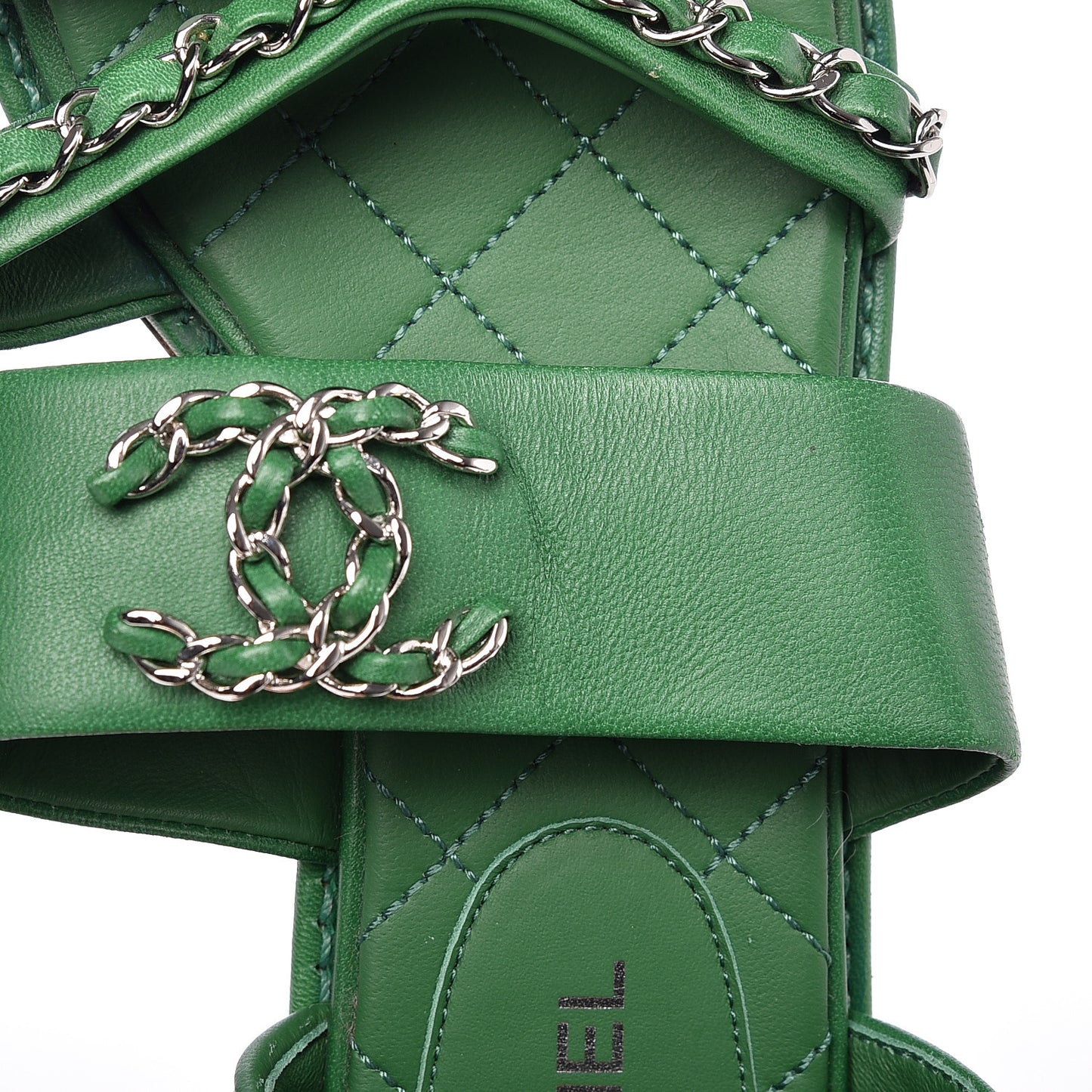 Lambskin Quilted Chain CC Sandals 37 Green