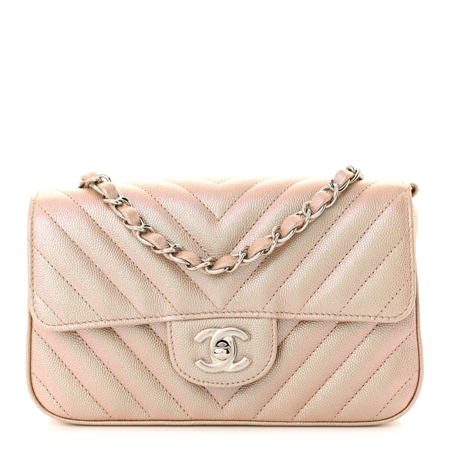 Iridescent Caviar Chevron Quilted Mini Rectangular Flap Light Gold