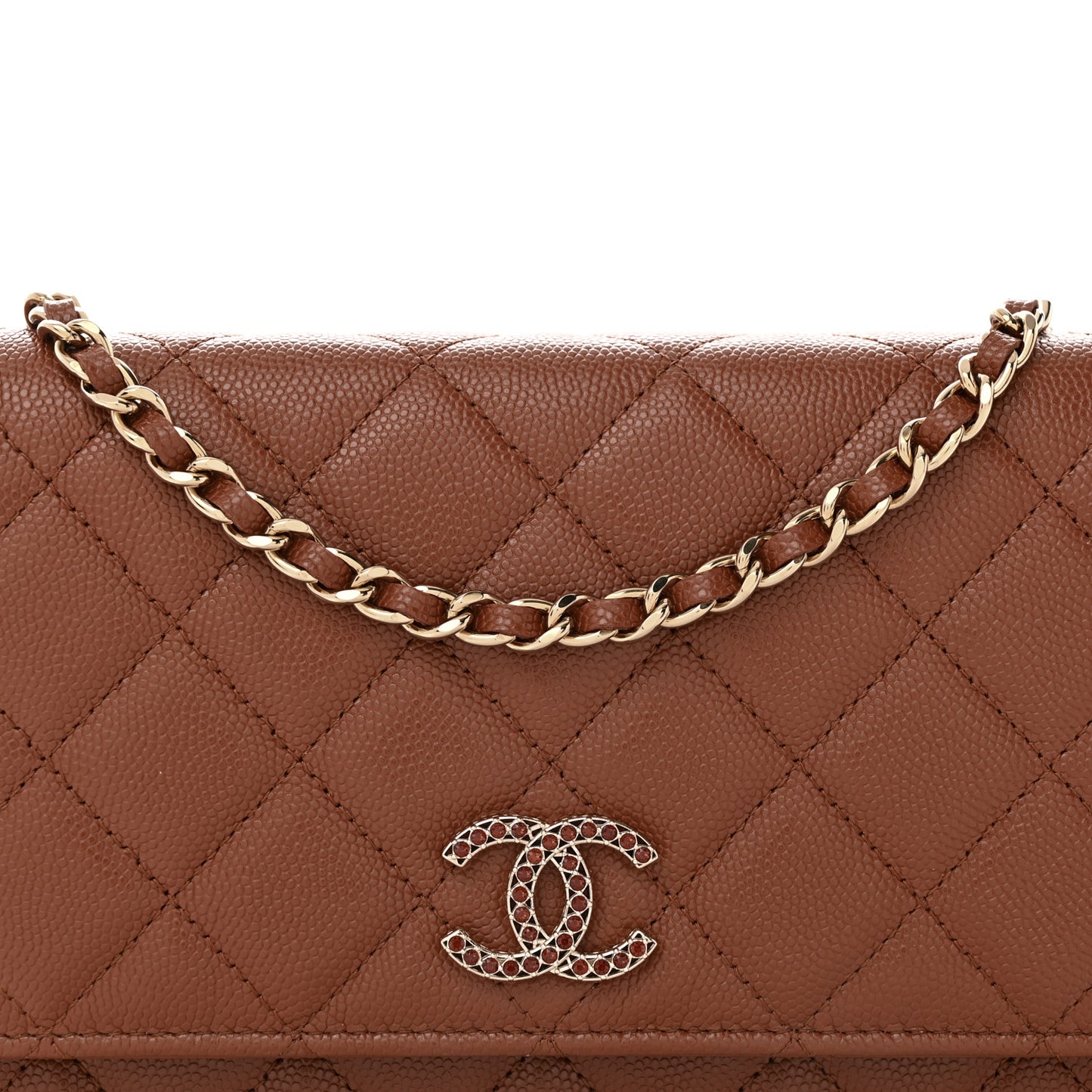Shiny Caviar Quilted Strass Wallet On Chain WOC Light Brown