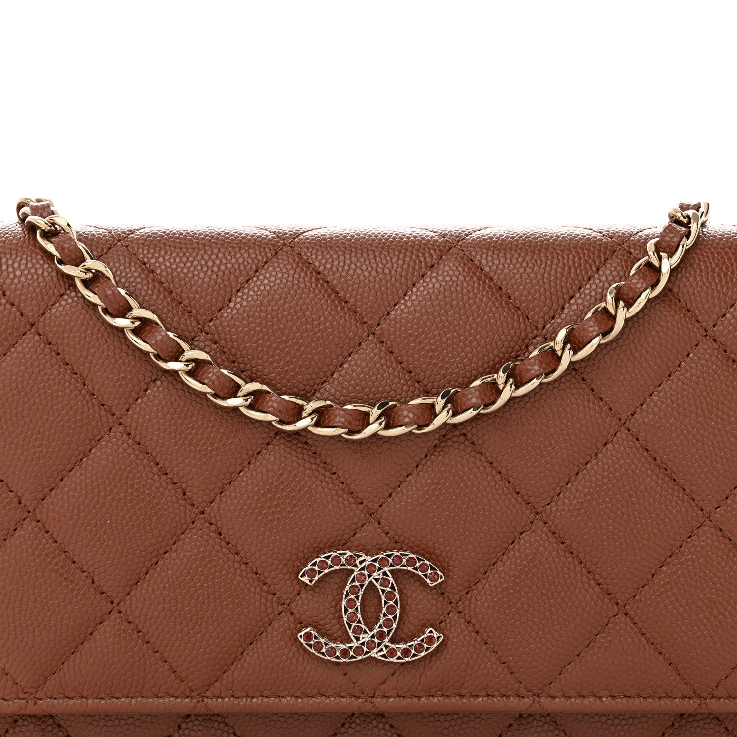 Chanel Shiny Caviar Quilted Strass Wallet On Chain WOC Light Brown 9 of 12