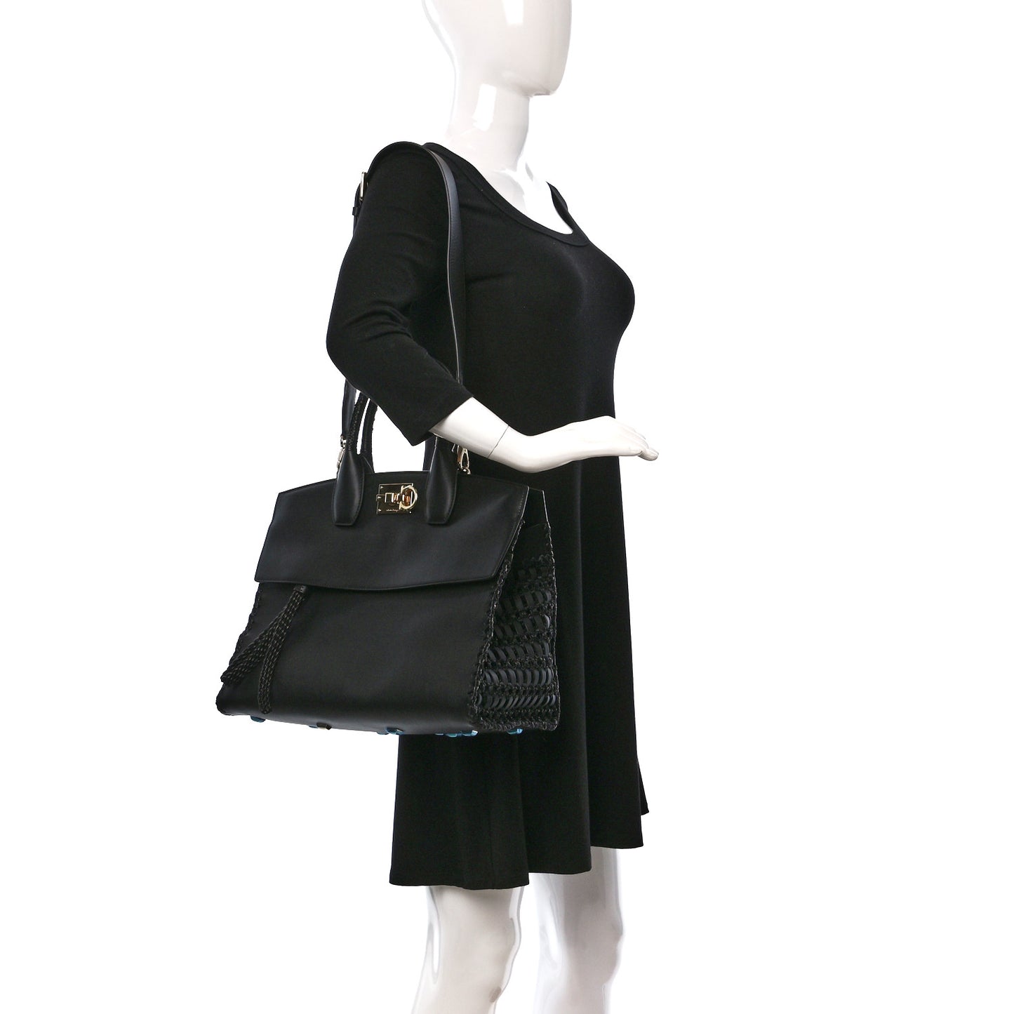 Calfskin Woven Small Studio Top Handle Bag Black