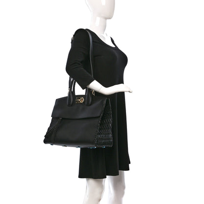 Salvatore Ferragamo Calfskin Woven Small Studio Top Handle Bag Black 2 of 11
