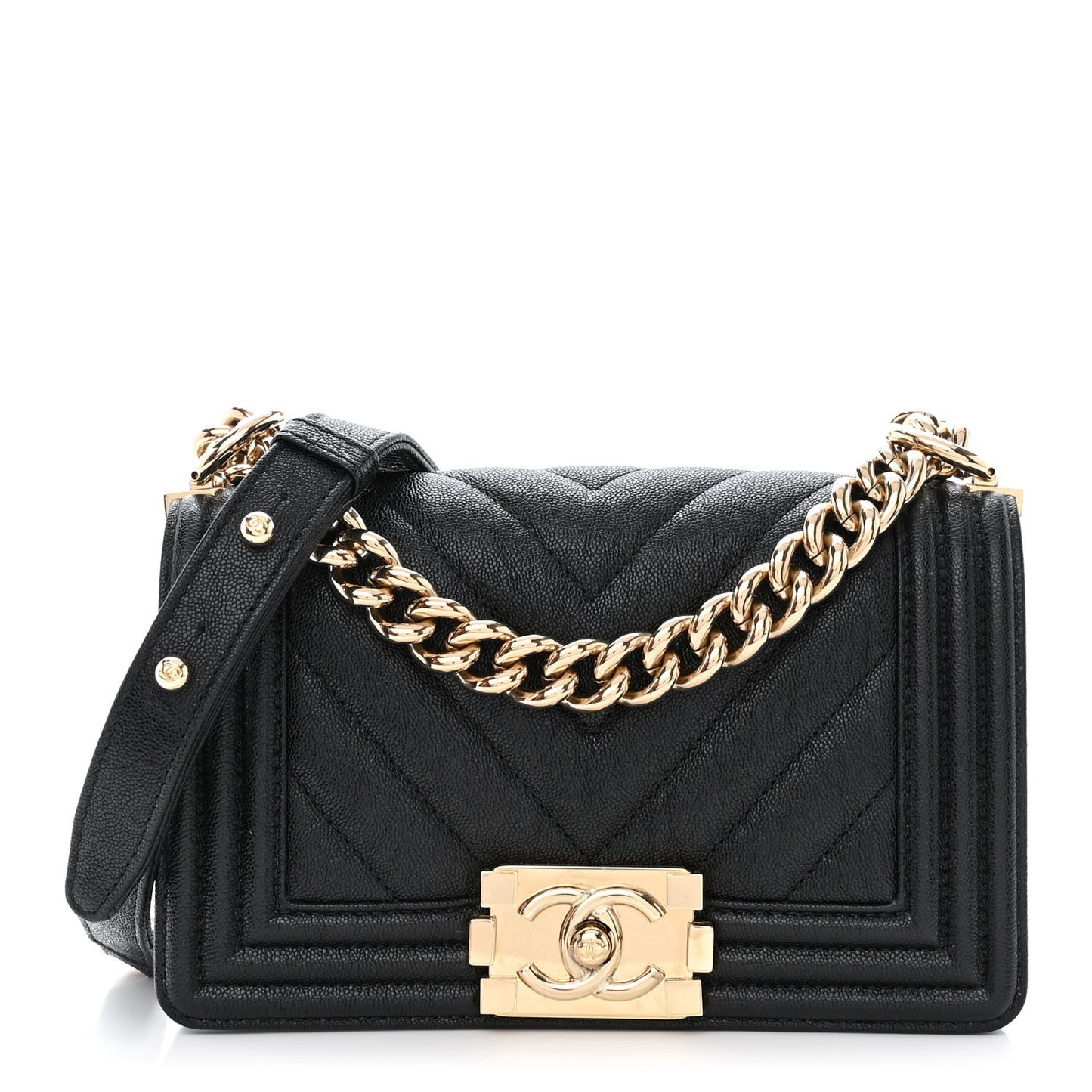 Caviar Chevron Quilted Small Boy Flap Black