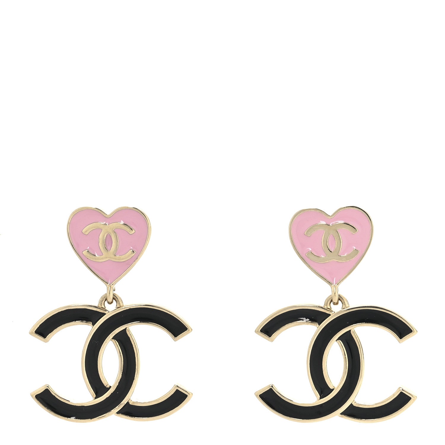 Chanel Metal Enamel CC Heart Drop Earrings Gold Black Pink 1 of 4