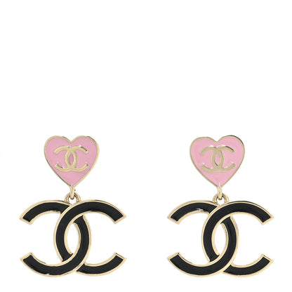 Chanel Metal Enamel CC Heart Drop Earrings Gold Black Pink 1 of 4