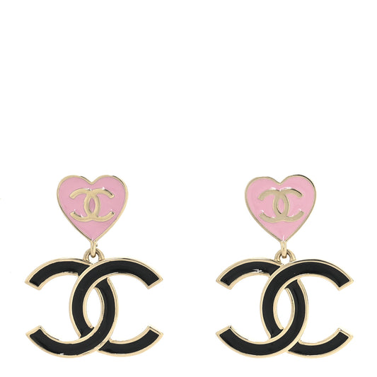 Metal Enamel CC Heart Drop Earrings Gold Black Pink