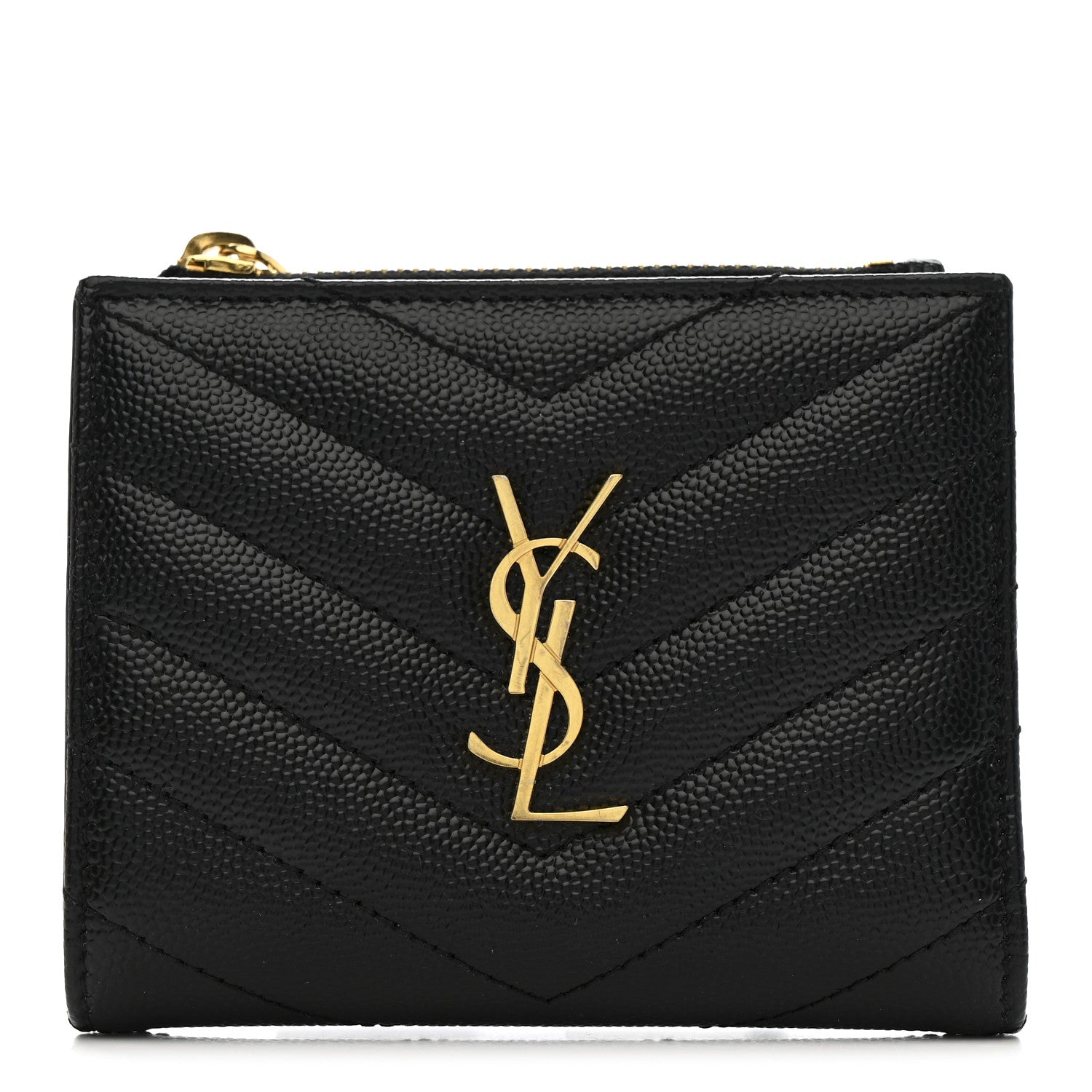 Saint Laurent Grain De Poudre Matelasse Chevron Monogram Zipped Card Case Black 1 of 7