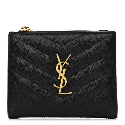 Saint Laurent Grain De Poudre Matelasse Chevron Monogram Zipped Card Case Black 1 of 7