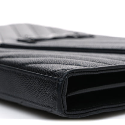 Saint Laurent Grain De Poudre Matelasse Chevron Monogram Monochrome Envelope Chain Wallet Black 9 of 9