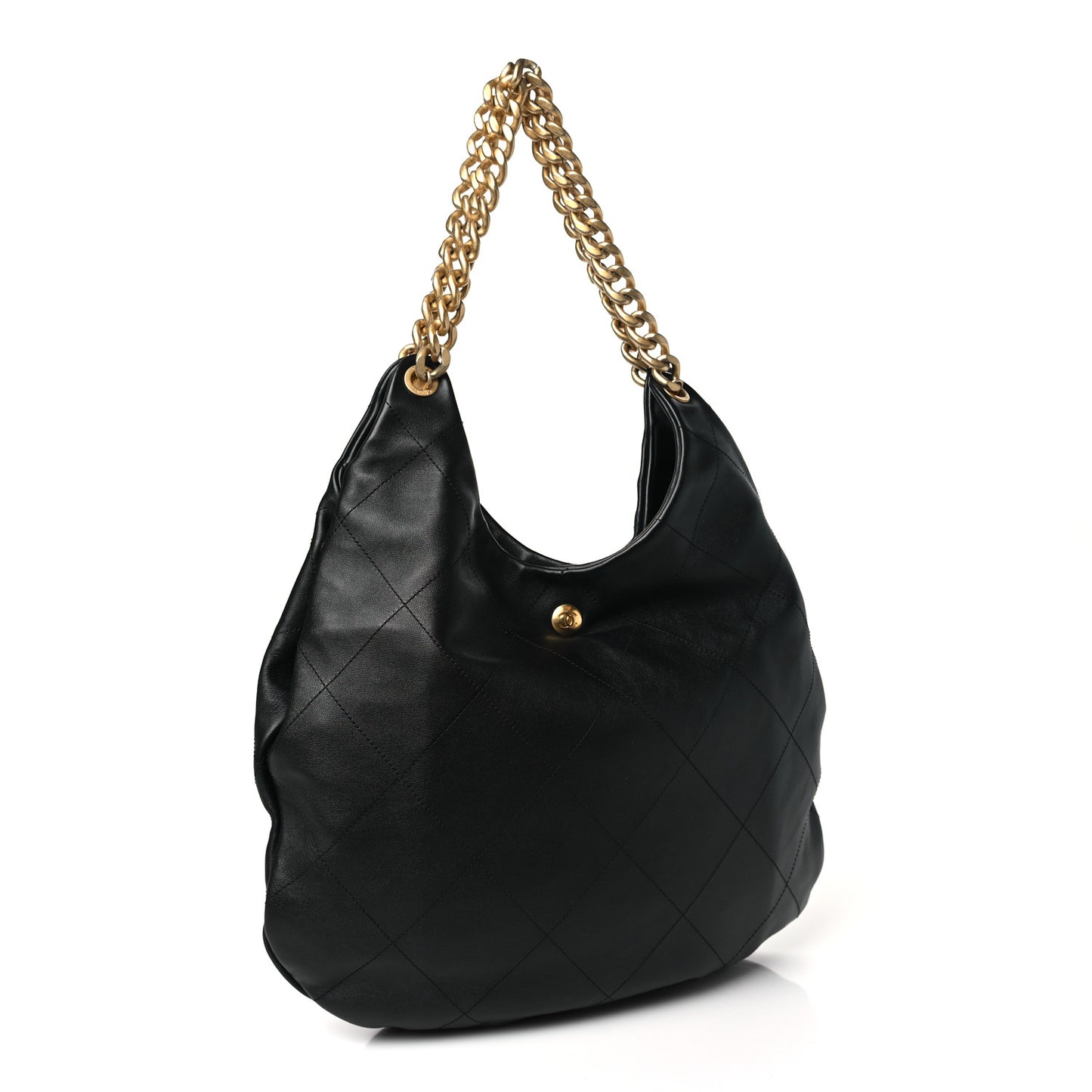 Calfskin Stitched Curved Chain Hobo Black
