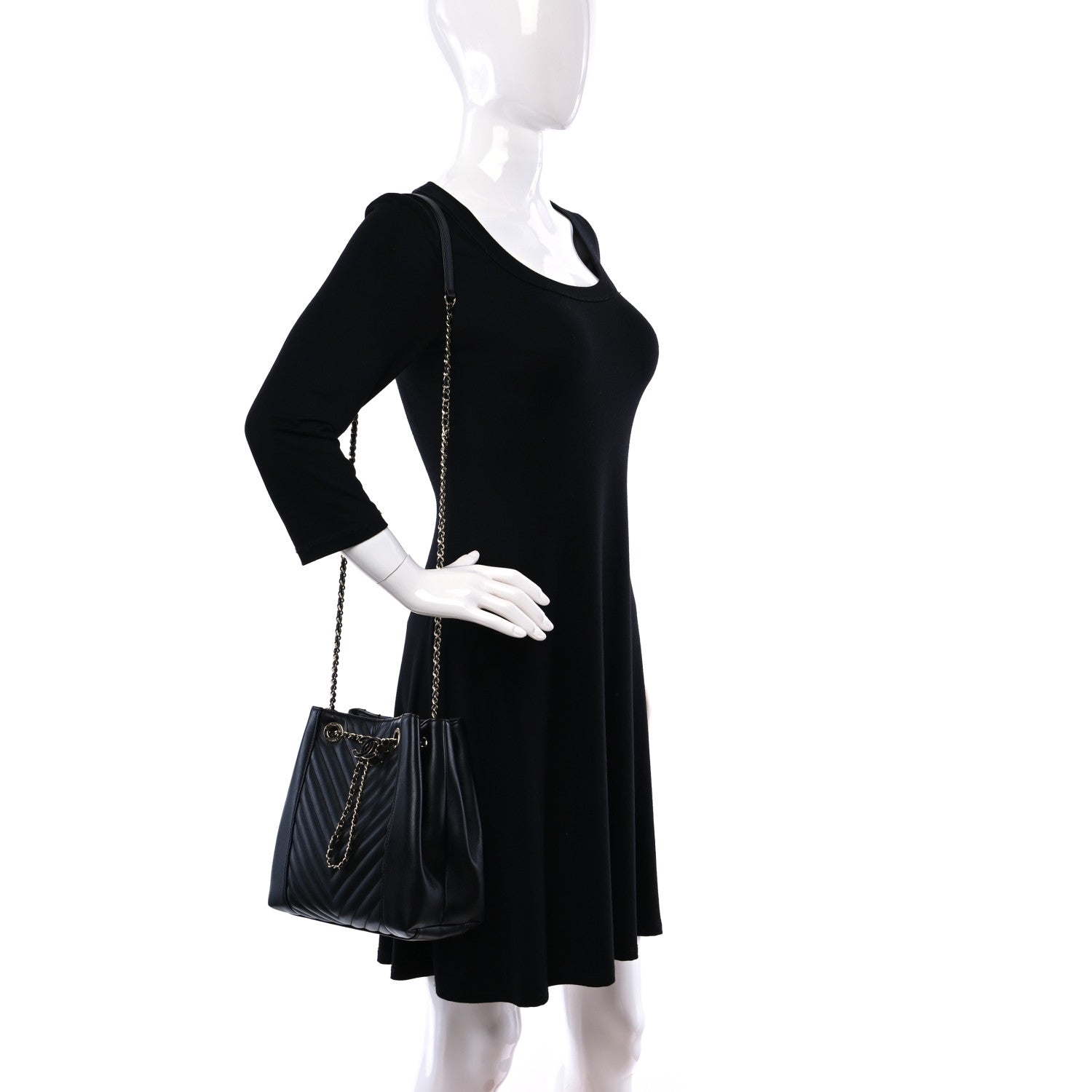 Chanel Calfskin Quilted Daily Chevron Drawstring Bag Black 2 of 9