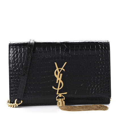 Saint Laurent Calfskin Crocodile Embossed Kate Monogram Tassel Chain Wallet Black 1 of 9
