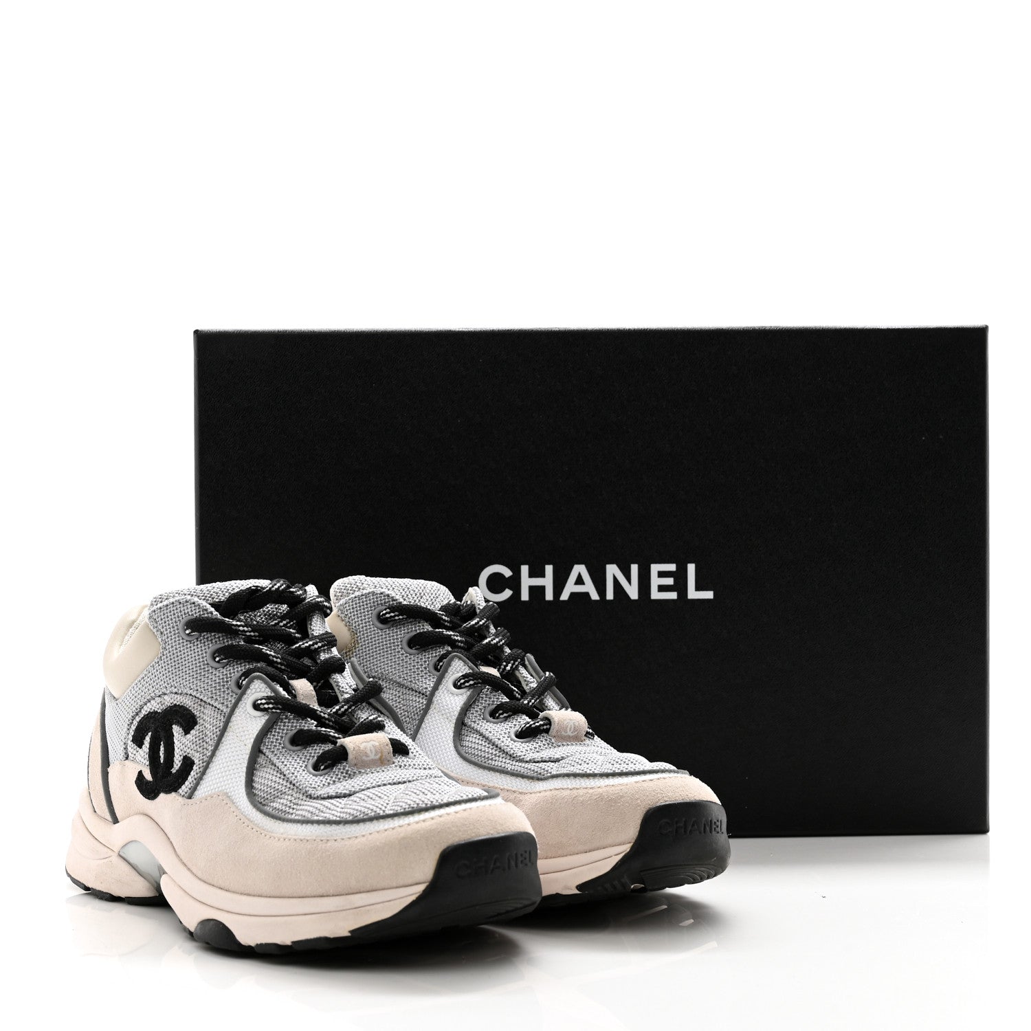 Chanel Nylon Calfskin Suede Womens CC Sneakers 36 Grey White 10 of 10