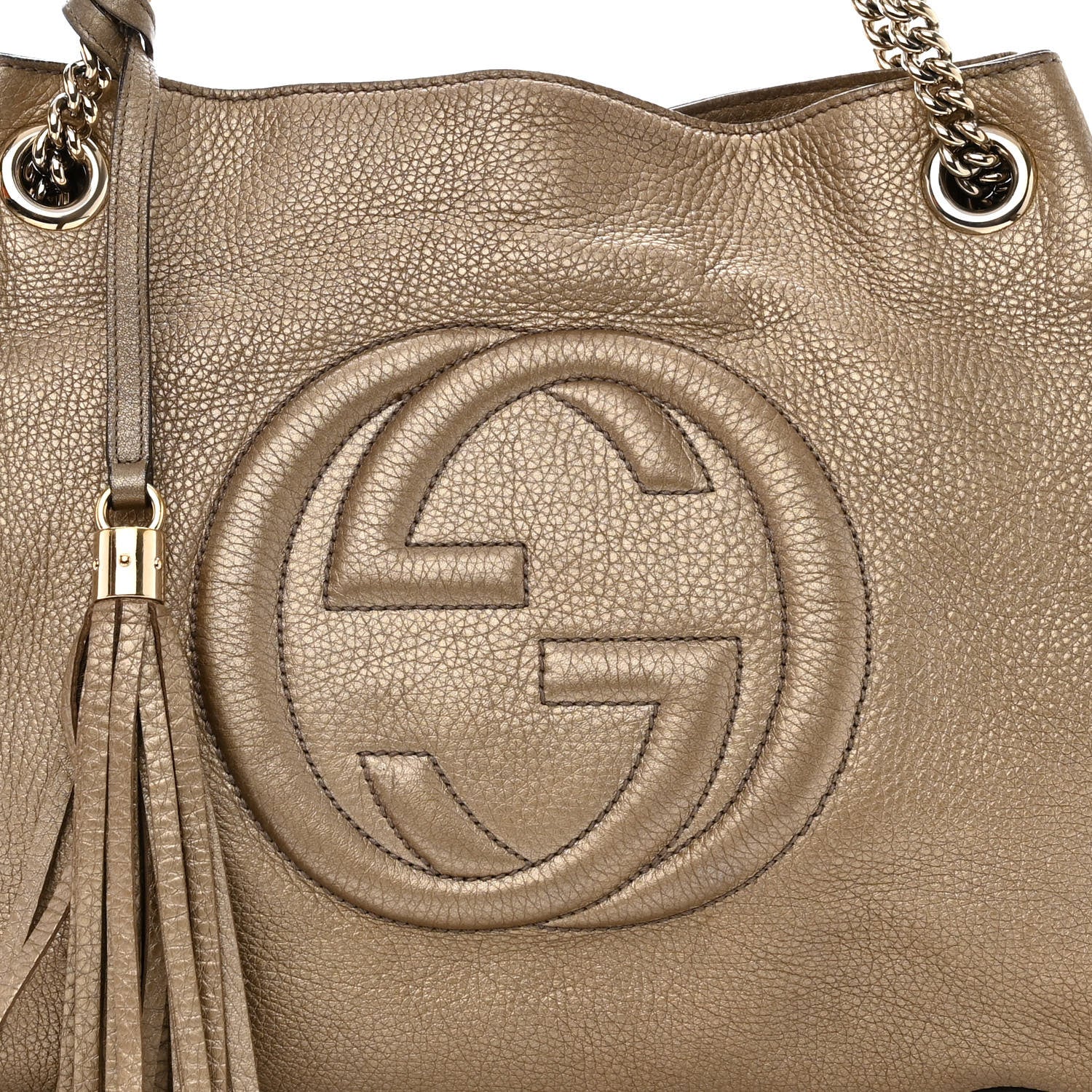 Gucci Metallic Pebbled Calfskin Medium Soho Chain Shoulder Bag Golden Beige 8 of 14