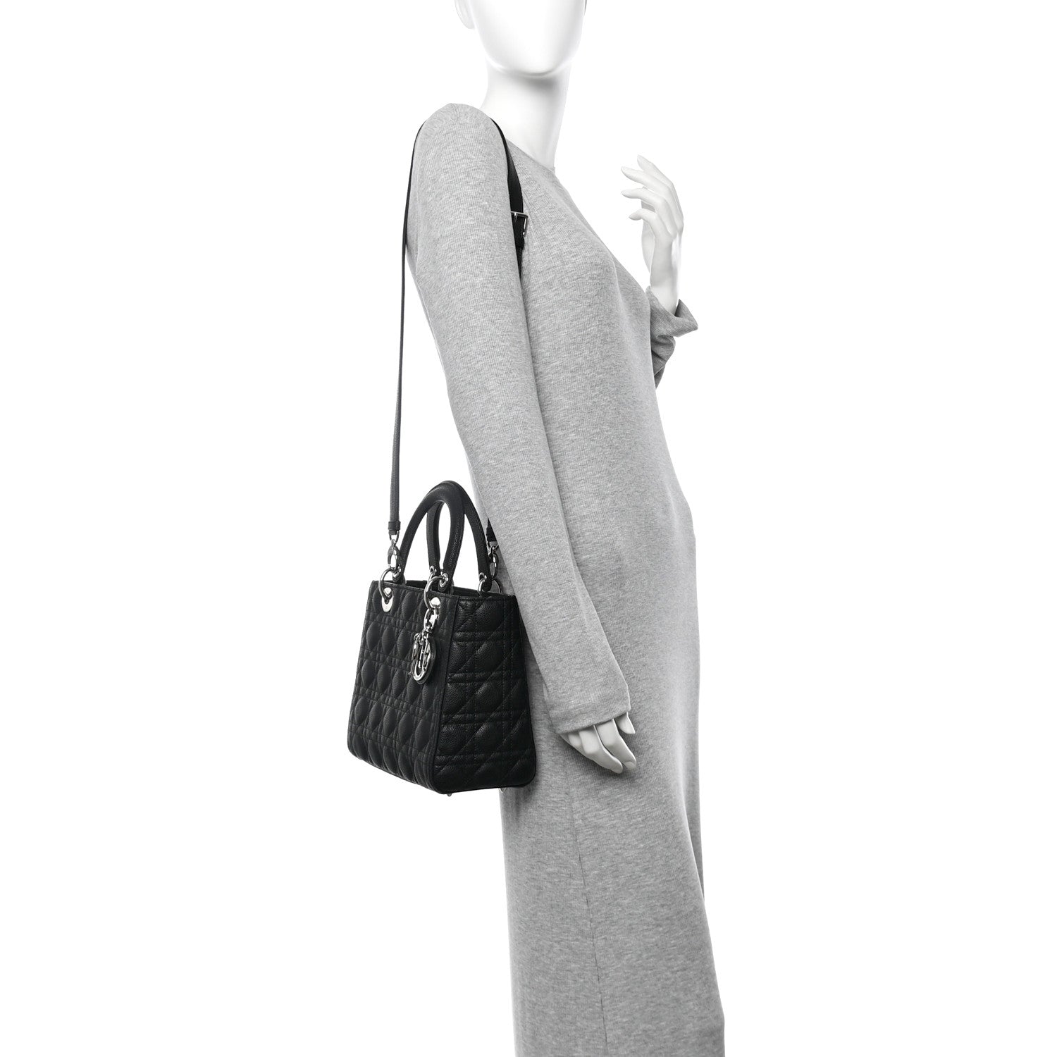 Christian Dior Grained Calfskin Cannage Medium Lady Dior Black 2 of 9