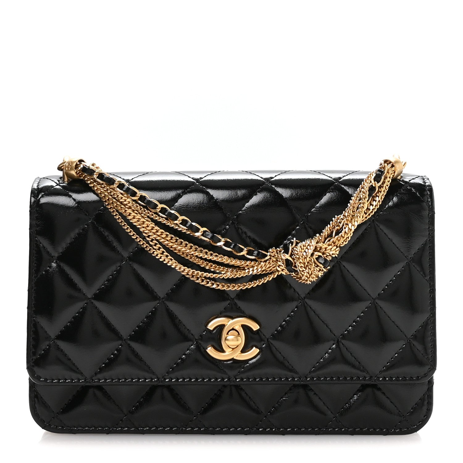Chanel Shiny Crumpled Calfskin Quilted Precious Tie Wallet On Chain WOC Black 1 of 12