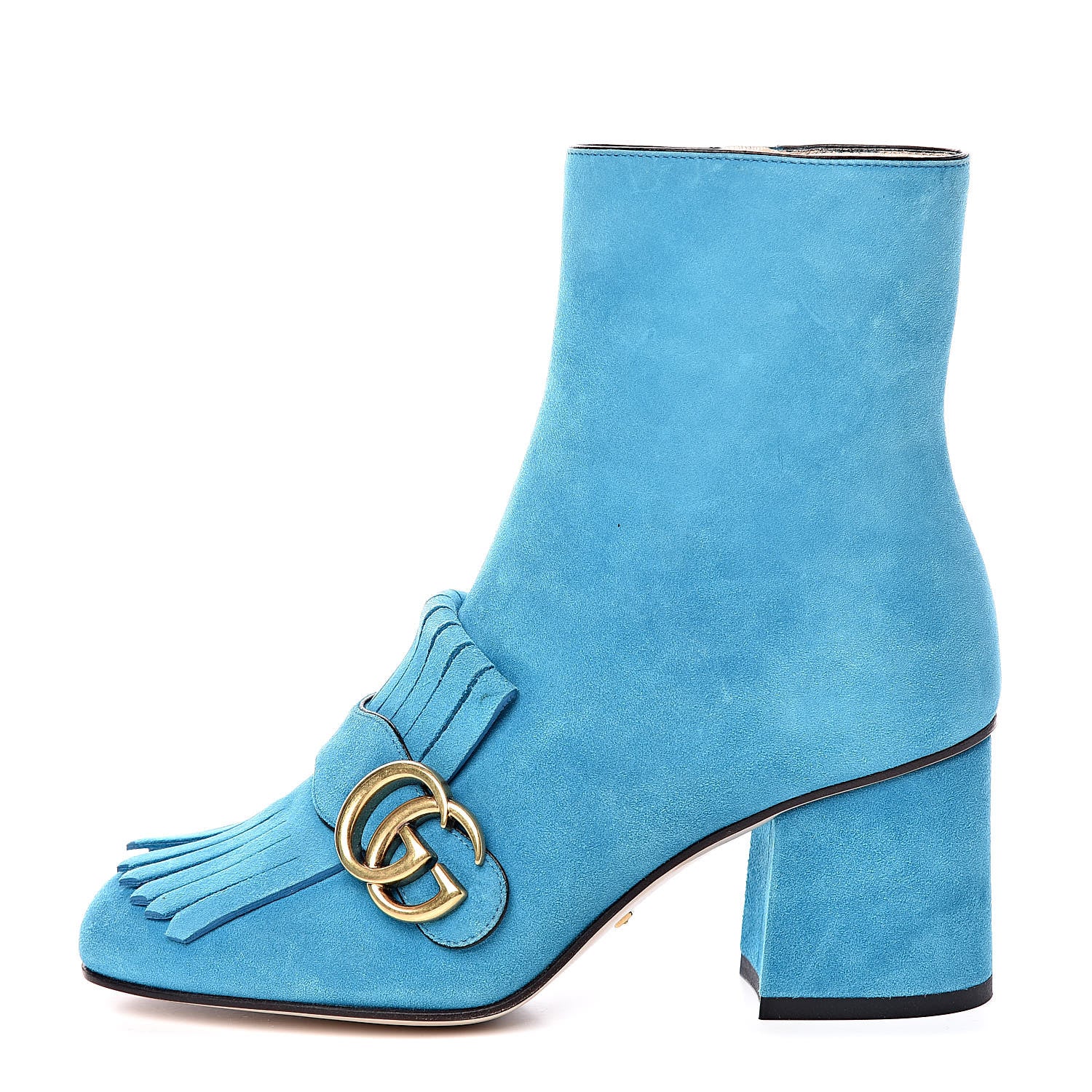 Gucci Kid Scamosciato GG Marmont Fringe 75mm Ankle Boots 35.5 New Bright Turquoise 1 of 12