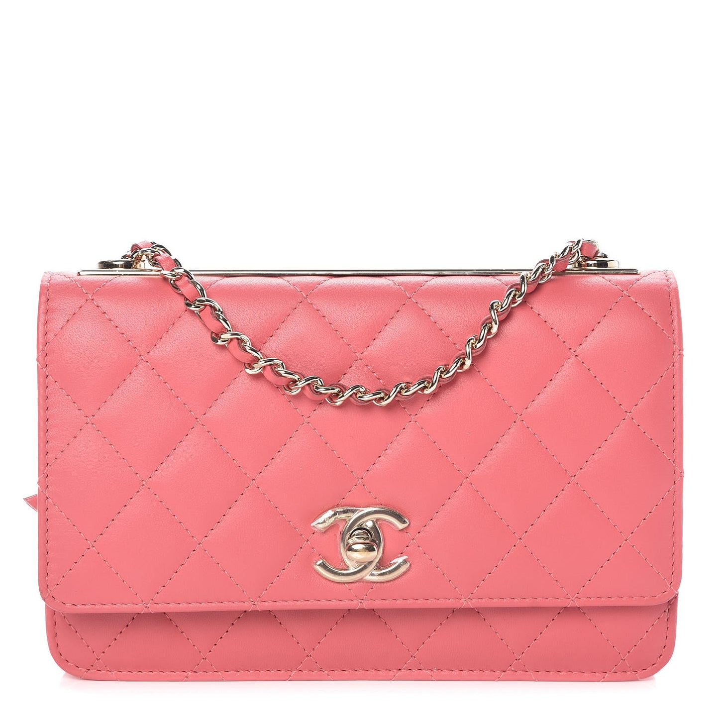 Lambskin Quilted Trendy CC Wallet On Chain WOC Bright Pink