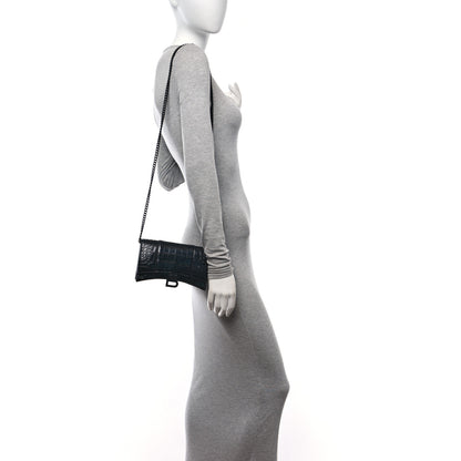 Balenciaga Shiny Calfskin Monochrome Crocodile Embossed Hourglass Chain Bag Black 2 of 15