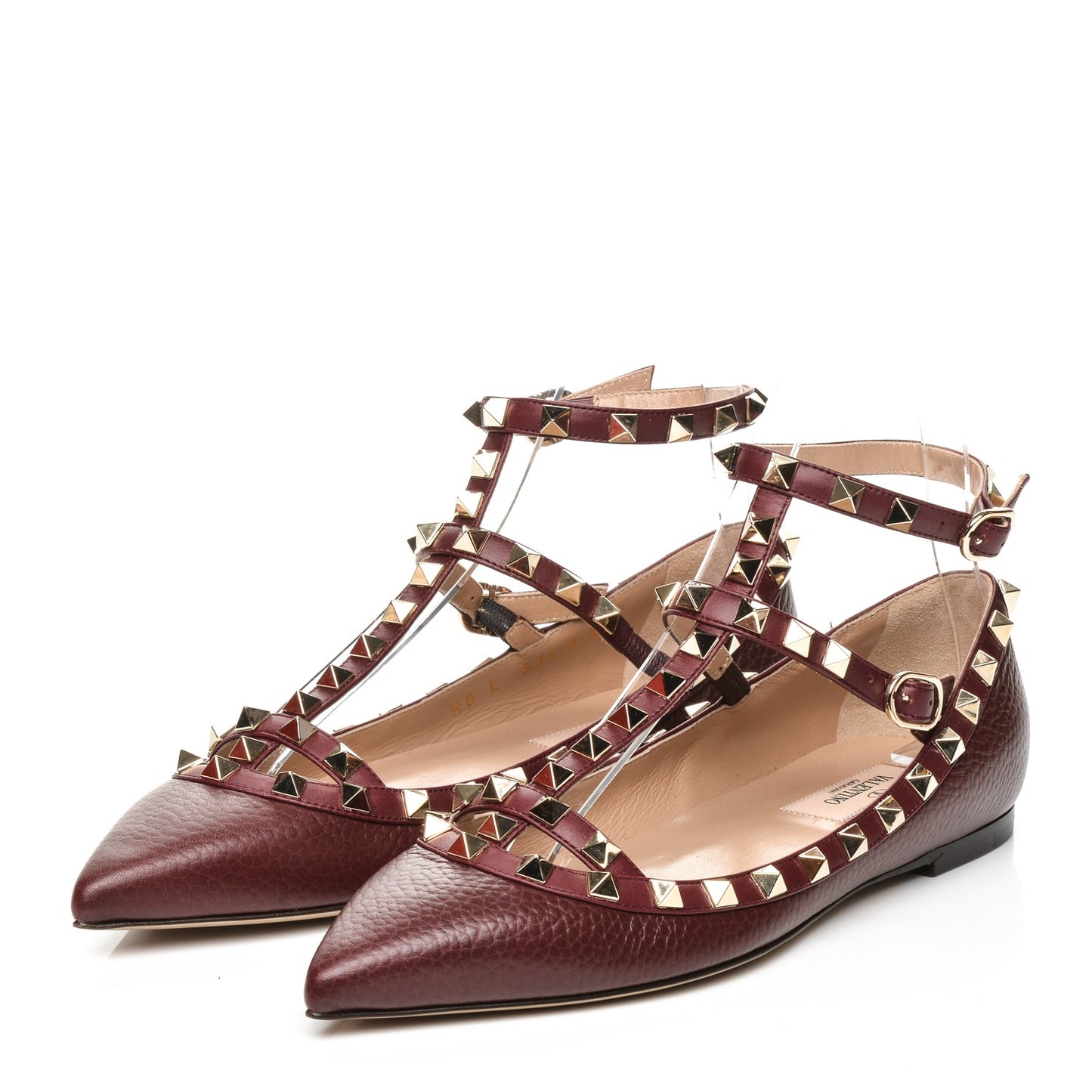 Pebbled Calfskin Rockstud Cage Ballerina Flats 37 Rubin