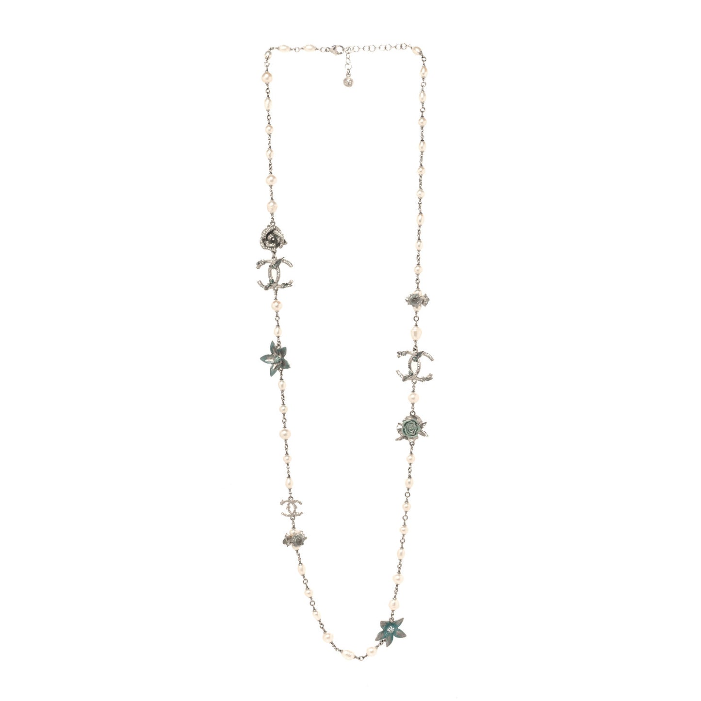 Crystal Pearl Floral Long Necklace Silver Blue