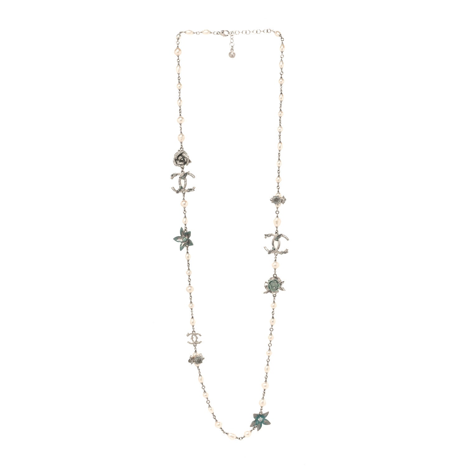 Chanel Crystal Pearl Floral Long Necklace Silver Blue 3 of 4