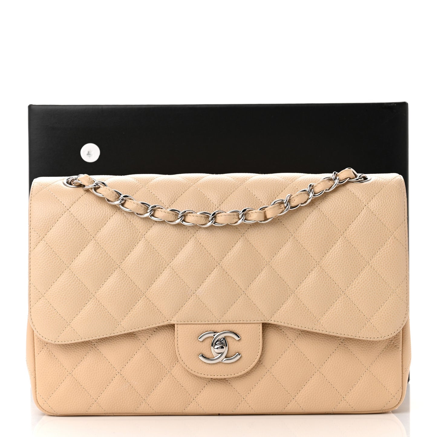 Caviar Quilted Jumbo Double Flap Light Beige